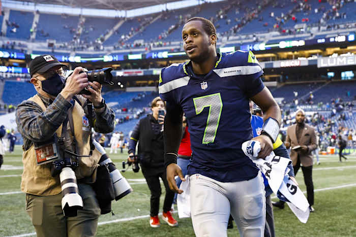 Jan 1, 2023; Seattle, Washington, USA; Seattle Seahawks quarterback Geno Smith (7) runs to the locker room following a 23-6 victory against the New York Jets at Lumen Field.